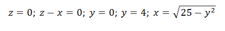 Вычислить с помощью тройного интеграла объем тела, ограниченного данными поверхностями  z=0 ;z-x=0; y=0; y=4; x=√25-y<sup>2</sup>. Сделать рисунки данного тела и его проекции на плоскость XOY