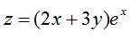 Найти частные производные первого порядка функций двух переменных: z = (2x + 3y) e<sup>x</sup> 