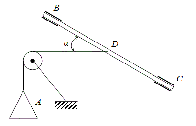 Определить наибольший вес Q<sub>max</sub> груза A, при котором возможно равновесие однородной балки BC весом P. Коэффициент трения между балкой BC и втулкой B равен f; трение во втулке C не учитывать. Угол наклона балки к горизонту равен α; BD=DC.