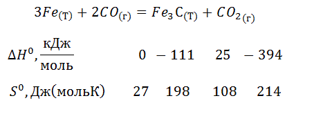 Определить возможность протекания процесса при Т = 500 К: 3Fe<sub>(Т)</sub> +2CO<sub>(г)</sub> = Fe<sub>3</sub>С<sub>(Т)</sub> + CO<sub>2</sub>(г); ∆H<sup>0</sup>,кДж/моль  0   -111   25   -394;   S<sup>0</sup>, Дж(мольК)    27   198    108   214