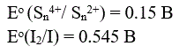 Cоставить ионное уравнение реакции между SnCl<sub>2</sub>  и  I<sub>2</sub>,  рассчитать константу равновесия. <br />E<sup>o</sup> (Sn<sup>4+</sup>/ Sn<sup>2+</sup>) = 0.15 В <br />E<sup>o</sup>(I<sub>2</sub>/I) = 0.545 В