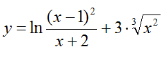Найти производную функции y = ln(x-1)<sup>2</sup>/(x+2) + 3· ∛x2<sup></sup>