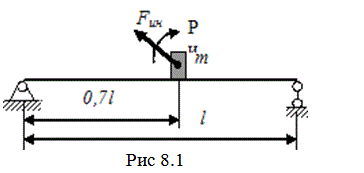 На плоской раме, продольными элементами которой являются два швеллера (рисунок 8.1), установлен механизм массой m, имеющий ротор с частотой вращения n оборотов в минуту. Центробежная сила инерции, возникающая при вращении ротора вследствие его неуравновешенности, равна F<sub>ин</sub>. Определить основные характеристики цикла напряжений в опасном сечении рамы при ее установившихся колебаниях в вертикальной плоскости. <br />l = 2,3 м, m = 300 кг, n = 250 об/мин, F<sub>ин</sub> = 4 кН и швеллер № 16