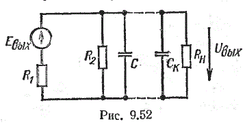 Определить верхнюю граничную частоту УПТ без нагрузки с нагрузочным резистором R<sub>н</sub> = 10 кОм, соединенным с УПТ экранированным кабелем. Емкость кабеля С<sub>к </sub>= 1 нФ. В схеме замещения УПТ (рис. 9.52) R<sub>1</sub> = 1 кОм, R<sub>2</sub> = 100 кОм, C = 160 пФ.