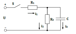 Дано: U = 200 B, R<sub>1</sub> = 100 Ом, R<sub>2</sub> = 400 Ом, С = 5 мкФ. Найти: I<sub>1</sub>, U<sub>с</sub>