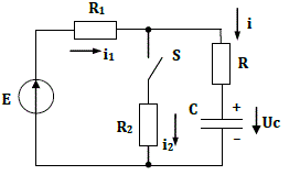 E = 24 В, R = 20 Ом, R<sub>1</sub> = 50 Ом, R<sub>2</sub> = 100 Ом, C = 3 мкФ. Цепь не является пустой. Найти: U<sub>с</sub>, I?