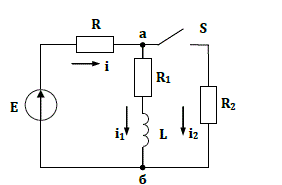 Дано: E = 12 В, R = R<sub>1</sub> = R<sub>2</sub> = 4 Ом, L = 0,1 Гн. До коммутации был установившийся режим. Найти: i<sub>1после</sub>(t), u<sub>абпосле</sub>(t). Построить графики