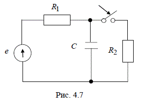 Задано: e = 20 B, R<sub>1</sub> = 20 Ом, R<sub>2</sub> = 60 Ом, C = 2 мкФ. <br />Нужно выполнить следующее: <br />- составить систему дифференциальных уравнений цепи, образовавшейся после коммутации; <br />- выбрать неизвестную и записать форму, в которой будет определяться решение; <br />- определить установившее решение после коммутации; <br />- определить постоянную времени; <br />- определить начальное условие и постоянную интегрирования; <br />- записать решение для выбранной величины и определить еще одну из величин в этой цепи; <br />- построить графики зависимостей обеих величин от времени.