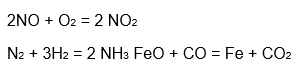 Составить математические выражения константы равновесия реакций: <br />2NO + O<sub>2</sub> = 2 NO<sub>2</sub>, N<sub>2</sub> + 3H<sub>2</sub> = 2 NH<sub>3</sub> FeO + CO = Fe + CO<sub>2</sub>