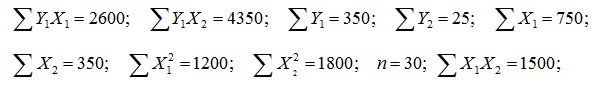 Строится модель вида: <br />Y<sub>1</sub>=a<sub>1</sub>+b<sub>2</sub>Y<sub>2</sub>+c<sub>1</sub>X<sub>1</sub>+ ε<sub>1</sub> <br />Y<sub>2</sub> = a<sub>2</sub>+b<sub>1</sub>Y<sub>1</sub>+c<sub>2</sub>X<sub>2</sub>+ε<sub>2</sub>. <br />Задание <br />Определите структурные коэффициенты, учитывая, что (см.рис), а также Y<sub>2</sub> = 2X<sub>1</sub> + 3X<sub>2</sub>