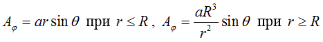 В сферических координатах две компоненты векторного потенциала равны нулю A<sub>r</sub> = A<sub>ϴ</sub> = 0, а третья имеет вид A<sub>φ</sub> = arsinϴ при r≤R, A<sub>φ</sub> =aR<sup>3</sup>/r<sup>2</sup>sinϴ при r≥R, где a  и R  – постоянные. Найти распределение объемной плотности j тока, создавшего магнитное поле с данным векторным потенциалом.   <br />Смоделировать полученное распределение объемной плотности тока, сравнить результаты численного решения с заданным значением для потенциала.