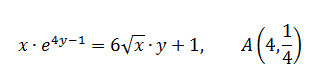 Найти в точке  А полный дифференциал функции  y(x), заданной неявно x∙e<sup>4y-1</sup> = 6√x∙y+1,  A(4,1/4)