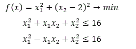 Необходимые и достаточные условия условного экстремума <br /> Проверить, является ли точка x *= (0,2)<sup>T</sup> решением задачи f(x) = x<sub>1</sub><sup>2</sup>+(x<sub>2</sub>-2)<sup>2</sup>→min <br /> x<sub>1</sub><sup>2</sup> + x<sub>1</sub>x<sub>2</sub> + x<sub>2</sub><sup>2</sup> ≤ 16 <br /> x<sub>1</sub><sup>2</sup> - x<sub>1</sub>x<sub>2</sub> + x<sub>2</sub><sup>2</sup> ≤ 16