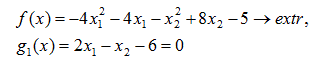 Необходимые и достаточные условия условного экстремума <br /> Решить задачу <br /> f(x) = -4x<sub>1</sub><sup>2</sup> - 4x<sub>1</sub> - x<sub>2</sub><sup>2</sup> + 8x<sub>2</sub> - 5 → extr <br /> g<sub>1</sub>(x) = 2x<sub>1</sub> - x<sub>2</sub> - 6 = 0  