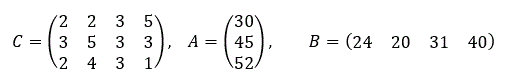 Транспортная задача<br />На трех базах А<sub>1</sub>, А<sub>2</sub>, А<sub>3</sub> находится однородный груз в количестве соответственно a<sub>1</sub>, a<sub>2</sub>, a<sub>3</sub> тонн. Этот груз необходимо перевести на четыре предприятия В<sub>1</sub>, В<sub>2</sub>, В<sub>3</sub>, В<sub>4</sub>, потребности которых соответственно равны b<sub>1</sub>, b<sub>2</sub>, b<sub>3</sub>, b<sub>4</sub> тонн. Стоимость перевозки одной тонны груза с базы А<sub>i</sub> на предприятие В<sub>j</sub> составляет c<sub>ij</sub> рублей. Эти стоимости заданы в матрице С, запасы грузов на базах (в тоннах) заданы в матрице А, а потребности предприятий (в тоннах) – в матрице В. Составить план перевозок груза на предприятия таким образом, чтобы их общая стоимость была наименьшей. Сравнить стоимости перевозок в исходном и оптимальном планах.