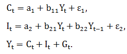 Модифицированная модель Кейнса:  <br />C<sub>t</sub> = a<sub>1</sub> + b<sub>11</sub>Y<sub>t</sub> + ε<sub>1</sub>  <br />I<sub>t</sub> = a<sub>2</sub> + b<sub>21</sub>Y<sub>t</sub> + b<sub>22</sub>Y<sub>t-1</sub> + ε<sub>2</sub><br />Y<sub>t</sub> = C<sub>t </sub>+ I<sub>t</sub> + G<sub>t</sub><br />где  С – расходы на потребление;  <br />Y – доход; <br /> I – инвестиции;  <br />G – государственные расходы;  <br />t – текущий период; <br /> t–1 – предыдущий период.  <br />Применив необходимое и достаточное условие идентификации, определите, идентифицировано ли каждое из уравнений модели.  <br />Определите метод оценки параметров модели.  <br />Запишите приведённую форму модели.