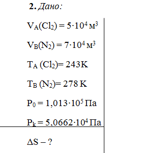 Вычислите возрастание энтропии при смешении V<sub>А</sub> м<sup>3</sup> газа А при температуре Т<sub>А</sub> и V<sub>B</sub> м<sup>3</sup> газа В при температуре ТB. Процесс осуществляется при V = const. Принять, что данные вещества подчиняются законам идеальных газов, начальное давление 1,013 ∙ 10<sup>5</sup> Па, конечное давление смеси Р (табл. на с. 95).
