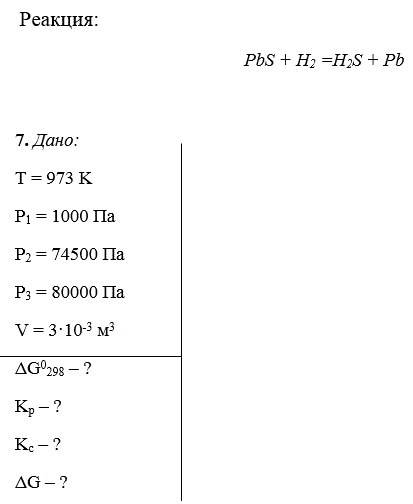Гетерогенная реакция протекает при постоянной температуре Т: 1) определите стандартное сродство веществ А и В при 298 К; 2) вычислите константы равновесия реакции К<sub>P</sub> и К<sub>C</sub>; 3) определите мас¬су прореагировавшего твердого вещества А, если объем системы V м<sup>3</sup>, а исходное давление газа В равно Р<sub>1</sub>, объемом твердой фазы можно пренебречь; а) определите изменение энергии Гиббса, отнесенное к началу реакции, если исходные давления газообразных веществ В и С соответственно равны Р<sub>2</sub> и Р<sub>3</sub>, реакция протекает при температуре Т, К идеально обратимо.