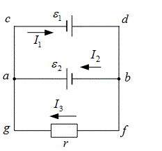 Задача 325 из сборника Чертова <br />Две батареи (ε<sub>1</sub>= 12 В, r<sub>1</sub> = 2 Ом, ε<sub>2</sub> = 24 В, r<sub>2</sub> = 6 Ом)   и проводник сопротивлением r = 16 см  соединены, как показано на рисунке. Определить силу тока в батареях и проводнике.