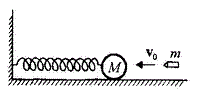 На горизонтальной пружине жесткостью k = 900 Н/м укреплен шар массой M = 4 кг, лежащий на гладком столе, по которому он может скользить без трения. Пуля массой m = 10 г, летящая с горизонтальной скоростью v<sub>0</sub> = 600 м/с и имеющая в момент удара скорость, направленную вдоль оси пружины, попала в шар и застряла в нем. 	<br />Пренебрегая массой пружины и сопротивлением воздуха, определите: 	<br />1) амплитуду колебаний шара; 	<br />2) период колебаний шара
