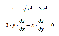Найти частные производные второго порядка от функции z = √x<sup>2</sup> – 3y<sup>2</sup> и показать, что она удовлетворяет уравнению 3∙y∙(∂z/∂x)+x∙(∂z/∂y) = 0 .