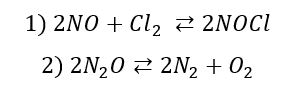 В каком направлении произойдет смещение равновесия при повышении давления систем: <br />1) 2NO+Cl<sub>2</sub> ⇄ 2NOCl <br /> 2) 2N<sub>2</sub>O ⇄ 2N<sub>2</sub>+O<sub>2</sub> <br /> Напишите выражения для констант равновесия данных реакций. 