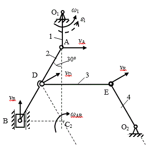 ЗАДАНИЕ К3-68<br /> Дано: α=90°, β=120°, γ=120°, φ=90°, ϴ=150°, ω1=6 1/с, ε1=10 1/с<sup>2</sup>, АД=ВД, l1=0,4 м, l2=1,2 м, l3=1,4 м.<br /> Найти: скорости vB, vE, ωDE, ускорения α<sub>B</sub> и ε<sub>AB</sub>