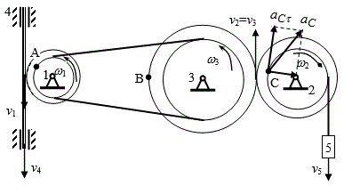 ЗАДАНИЕ К2–68 <br />Дано: r<sub>1</sub>= 2 см, R<sub>1</sub>= 4 см, r<sub>2</sub>= 6 см, R<sub>2</sub>= 8 см, r<sub>3</sub>= 12 см, R<sub>3</sub> = 16 см, s<sub>5</sub> = 2t<sup>2</sup>- 5t, t<sub>1</sub>=2 c. <br />Найти: скорости v<sub>4</sub>, w<sub>2</sub>, ускорения ε<sub>1</sub>, α<sub>C</sub>, α<sub>4</sub>.
