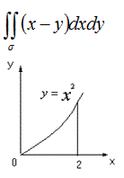 Найти ∫∫<sub>σ</sub> (x-y) dxdy  по области σ, заданной уравнениями:  y=0, y=x<sup>2</sup>, x=2