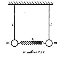Два математических маятника длиной l каждый связаны невесомой пружиной с жесткостью k. На рисунке показано положение равновесия системы. Маятники отклоняют в плоскости рисунка на одинаковые углы и отпускают. Определите период Т малых колебаний связанных маятников, если: а) маятники отклонены в одну сторону (колебания в одной фазе); б) маятники отклонены в противоположные стороны (колебания в противофазе). 