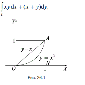 Вычислить интеграл ∫<sub>L</sub>xydx + (x + y)dy , принимая за линию L: <br />а) отрезок прямой, соединяющий точки О(0; 0) и А(1; 1); <br />б) дугу параболы у = х<sup>2</sup>, соединяющую эти же точки; <br />в) ломаную ONA: O(0; 0), N(1; 0), A(1; 1) 