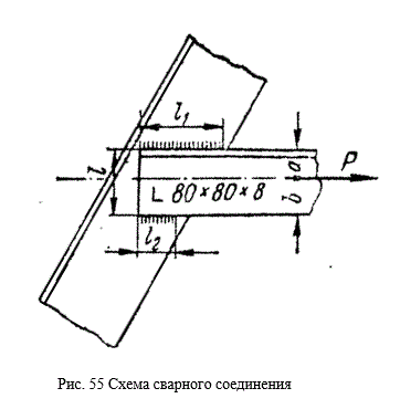 Определить длину швов, крепящих уголок 80×80×8мм к косынке (рис). Соединение должно быть равнопрочным основному элементу. Косынка и уголок - из стали Ст.3. Сварка - автоматическая под слоем флюса. Нагрузка - статическая.