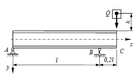 Расчет балки на поперечный удар. <br />На двутавровую балку, свободно лежащую на двух жестких опорах, с высоты h падает груз Q (рис. 15). <br />Требуется: <br />1) найти наибольшее нормальное напряжение в балке; <br />2) решить аналогичную задачу при условии, что правая опора заменена пружиной, податливость которой (т.е. осадка от груза 1 кН) равна α; <br />3) сравнить полученные результаты. Исходные данные для решения задачи: Q = 400 Н; l =2,8 м; h = 4см; α = 28 · 10<sup>-3 </sup>м/кН; двутавр № 24а, схема балки 8.