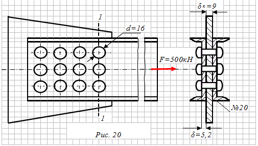 Стержень фермы, состоящий из двух швеллеров №20, соединен с фасонным листом (косынкой) узла фермы заклепками расчетным диаметром d=16 мм (рис.20). Определить требуемое число заклепок при допускаемых напряжениях: [τ<sub>ср</sub>] = 140 МПа; [σ<sub>см</sub>] = 320 МПа; [σ<sub>р</sub>] = 160 МПа. Проверить прочность стержня.
