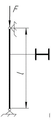 Подобрать номер двутавровой стойки, длиной l=2м, закрепленной с обоих концов шарнирами и нагруженной осевой силой F=100 кН (рис), если допускаемое напряжение на сжатие [σ<sub>сж</sub>]=120 Н/мм<sup>2</sup>.