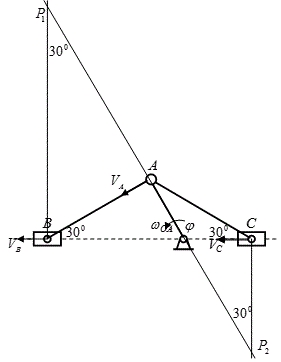Кривошип ОА кривошипно-шатунного механизма ОАВ вращается с постоянной угловой скоростью ω<sub>ОА</sub> = 2 <sup>1</sup>/<sub>с</sub> ОА = 20 см. К шарниру А прикреплен второй шатун АС, конец С которого скользит по прямой ВОС. 	<br />Определить в положение, указанном на чертеже, скорости В и С и угловые скорости шатунов АС   и  АВ.	<br />Дано: ω<sub>ОА</sub> = 2 <sup>1</sup>/<sub>с</sub> ОА = 20 см, φ = 120° <br />Найти: V<sub>B</sub>, V<sub>C</sub>, ω<sub>AC</sub>, ω<sub>AB</sub>