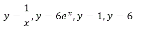 Применяя двойной интеграл, найти площадь фигуры, ограниченной данными линиями: <br /> y=1/x, y=6e<sup>x</sup>, y=1, y=6