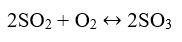 Исходные концентрации SO<sub>2</sub> и O<sub>2</sub> в системе 2SO<sub>2</sub> + O<sub>2</sub> ↔ 2SO<sub>3</sub> составили соответственно 4 моль/л и 2 моль/л, исходное давление было равно 3,039∙105 Па. К моменту равновесия прореагировало 80 % SО<sub>2</sub>. Найдите равновесные концентрации всех участников реакции, константу равновесия и давление в момент равновесия.
