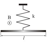 Проводящий стержень массой m = 0,2 кг и длиной l = 2 м подвешенный к вертикальной пружине с жёсткостью k = 100 Н/м в центре масс, колеблется с амплитудой А = 0,5 м в однородном магнитном поле с индукцией В = 0,1 Тл, направленном перпендикулярно плоскости чертежа. Определить максимальное значение разности потенциалов между концами стержня