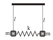Два тела массой m = 1 кг каждое подвешены на нитях одинаковой длины l = 1 м и соединены пружиной жёсткости k = 1 кН/м. В положении статического равновесия тел пружина не деформирована. Определить частоту малых колебаний тел в случае их отклонения на одинаковый угол в фазе и противофазе.