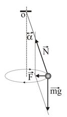 Грузик массой m = 0,1 кг подвешенный на нити длиной l = 2 м движется в горизонтальной плоскости по круговой траектории, так что нить отклоняется от вертикали на малый угол α (конический маятник). Определить период обращения грузика. 