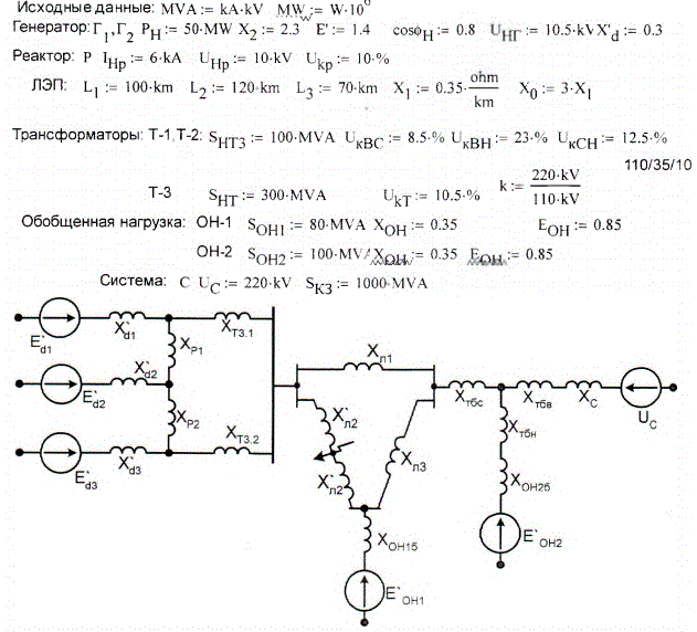 Задание: в заданной сети произошло короткое замыкание,требуется определить: <br />1. Ток трехфазного КЗ в точке короткого замыкания методом преобразования сети. <br />2. Ток трехфазного КЗ в течке короткого замыкания методом уравнения узловых напряже ний и ток от генератора через 0.3с по типовым кривым. <br />3. Ток трехфазного КЗ в точке короткого замыкания эквивапентированием уравнений узло вых напряжений. <br />4. Ток нессиметричного КЗ в точке короткого замыкания и ток нулевой последовательное ти в заданном участке ВЛ.