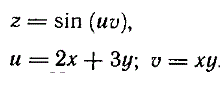 Найти частные производные функции z = sin(uυ),где  u = 2x + 3y, υ = xy