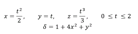 Вычислить массу m дуги кривой L, заданной уравнениями x = t<sup>2</sup>/2, y= t, z = t<sup>3</sup>/3, 0 ≤ t ≤ 2, если плотность в каждой ее точке δ = 1 + 4x<sup>2</sup> + y<sup>2</sup>