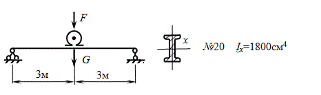 Колебания систем с одной степенью свободы <br /> На двутавровой балке установлен электродвигатель весом G=5 кН, при работе которого из-за дисбаланса вращающихся частей возникает вертикальная центробежная сила F(t) = 1·sinθt при скорости вращения n=300 об/мин. <br /> Определить наибольшие нормальные напряжения и прогиб.