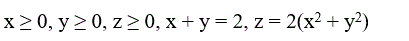 С помощью тройного интеграла вычислить объем тела, ограниченного указанными поверхностями. Сделать чертеж. <br /> x ≥ 0, y ≥ 0, z ≥ 0, x + y = 2, z = 2(x<sup>2</sup> + y<sup>2</sup>)