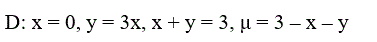 Вычислить массу неоднородной пластины D, ограниченной заданными линиями, если поверхностная плотность в каждой ее точке μ= μ(x, y) <br /> D: x = 0, y = 3x, x + y = 3, μ = 3 – x – y