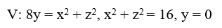 Вычислить координаты центра масс однородного тела, занимающего область V, ограниченную указанными поверхностями.  V: 8y = x<sup>2</sup> + z<sup>2</sup>, x<sup>2</sup> + z<sup>2</sup> = 16, y = 0