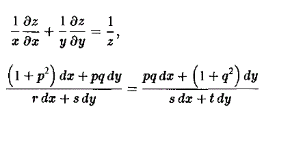 Найти линии кривизны поверхности, проходящей через прямую z = 1, x = y√2 и удовлетворяющей уравнению <br /> (1/x)(dz/dx) + 1/y{dz/dy) = 1/z, зная, что линии кривизны поверхности z = f(x,y) определяются уравнением: <br /> (1 + p<sup>2</sup>)dx + pqdy/(rdx + sdy) = pqdx + (1 + q<sup>2</sup>)dy/(sdx = tdy), где p, q,r,s,t - частные производные z'<sub>x</sub>, z'<sub>y</sub>, z''<sub>xx</sub>, z''<sub>xy</sub>, z''<sub>yy</sub>