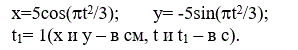 По заданным уравнениям движения точки М установить вид её траектории и для момента t=t1(c) найти положение точки на траектории, её скорость, полное, касательное и нормальное ускорения, а также радиус кривизны траектории (задача К - 1 вариант 13) <br /> x=5cos(πt<sup>2</sup>/3); <br /> y= -5sin(πt<sup>2</sup>/3); <br /> t<sub>1</sub>= 1(x и y – в см, t и t<sup>1</sup> – в с).
